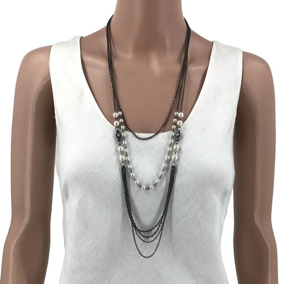Multi Strand Necklace Black White Faux Pearl Rhinestone Accent Adjustable Length - Picture 1 of 1